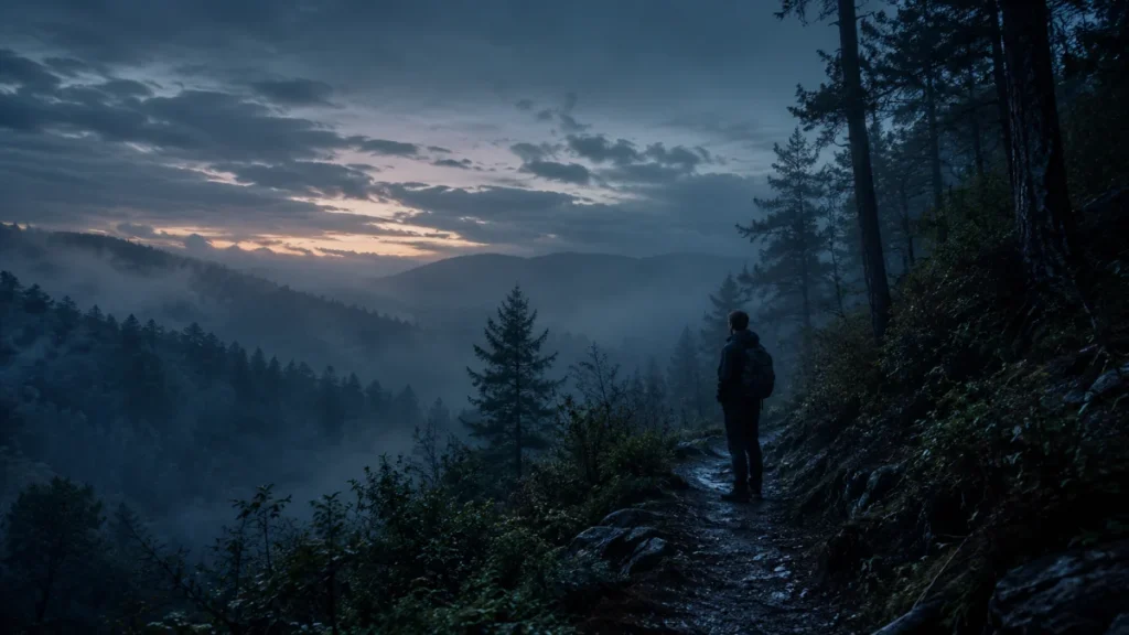 A lone hiker stands on a forest trail overlooking misty mountain valleys at dawn.