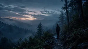 A lone hiker stands on a forest trail overlooking misty mountain valleys at dawn.