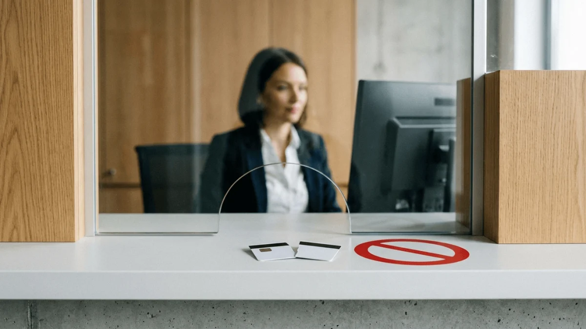 A bank teller stands behind a service window near a broken card and a red no-entry symbol.