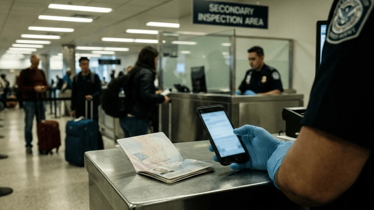 A U.S. border officer in blue gloves holds a smartphone during secondary inspection at an airport checkpoint.