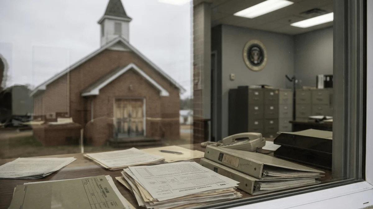 Church building seen through an office window with stacks of paperwork and file folders on a desk in the foreground.