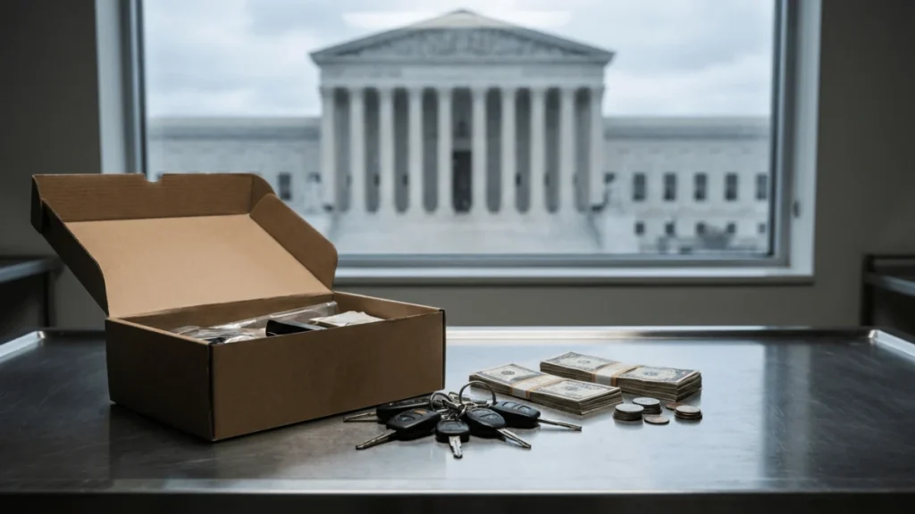 Box with cash, keys, and coins on a table in front of a courthouse building.