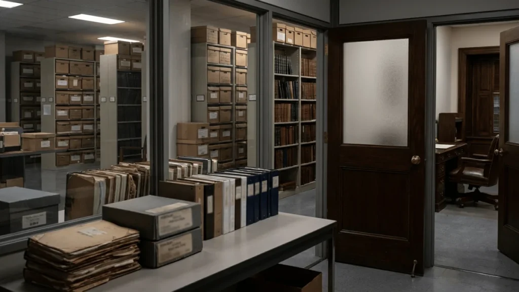 An archive room filled with boxes, binders, and shelves of records behind glass partitions and open office doors.