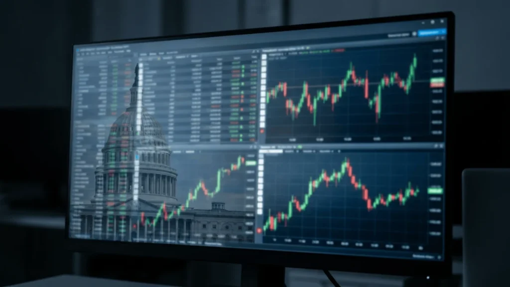 A computer monitor showing stock market charts with a transparent image of the U.S. Capitol building overlaid on the screen.