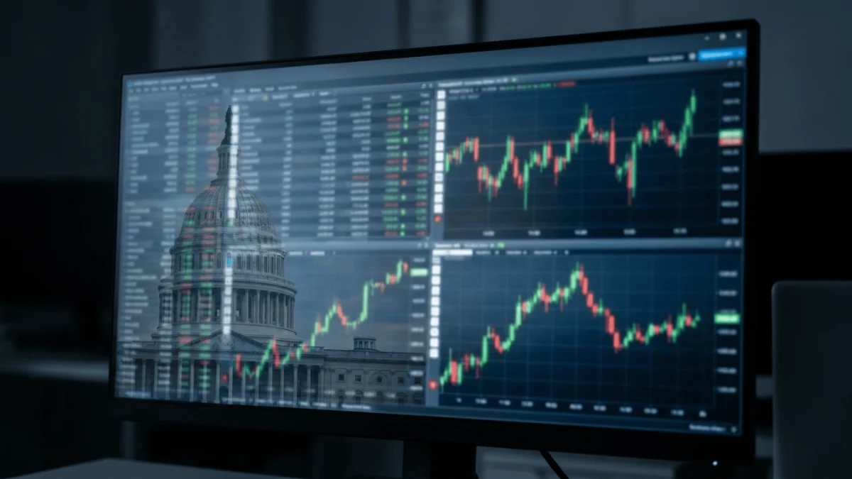 A computer monitor showing stock market charts with a transparent image of the U.S. Capitol building overlaid on the screen.