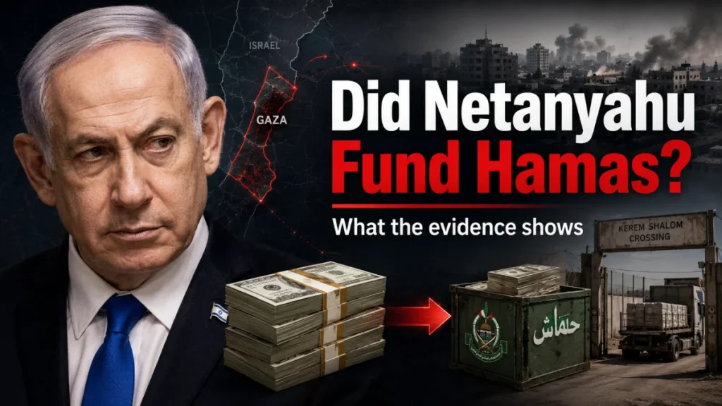 Graphic showing Benjamin Netanyahu beside a map of Gaza, stacks of cash, and a border crossing with the headline 'Did Netanyahu Fund Hamas?'
