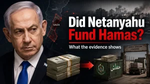 Graphic showing Benjamin Netanyahu beside a map of Gaza, stacks of cash, and a border crossing with the headline 'Did Netanyahu Fund Hamas?'