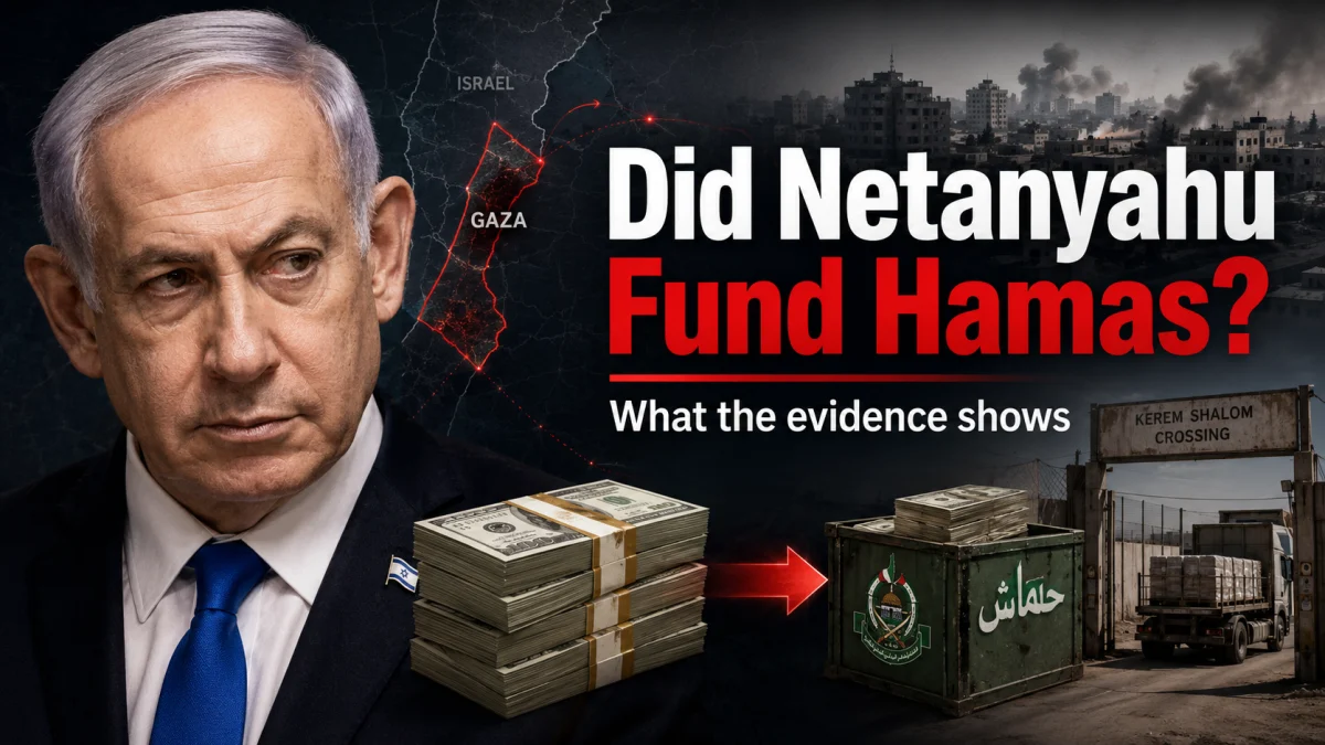 Graphic showing Benjamin Netanyahu beside a map of Gaza, stacks of cash, and a border crossing with the headline 'Did Netanyahu Fund Hamas?'