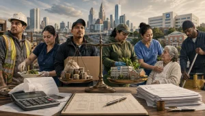 A group of workers and caregivers gathered around a balance scale with money, paperwork, and a small house model in an urban setting.