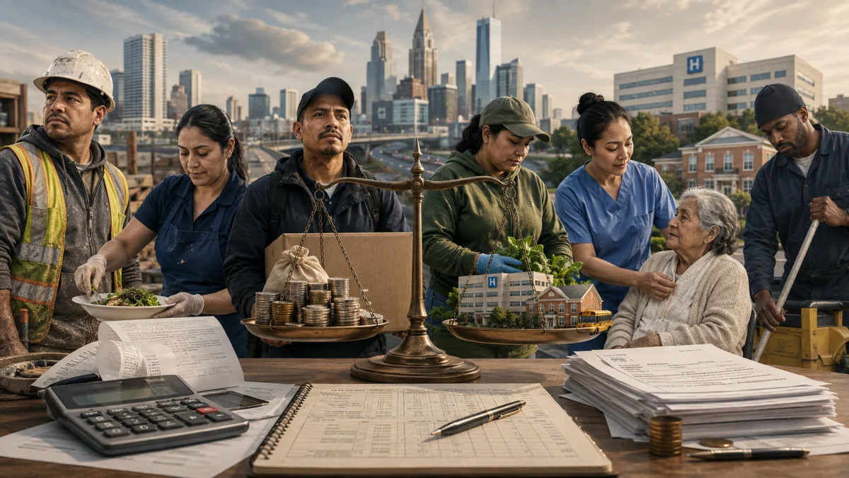 A group of workers and caregivers gathered around a balance scale with money, paperwork, and a small house model in an urban setting.