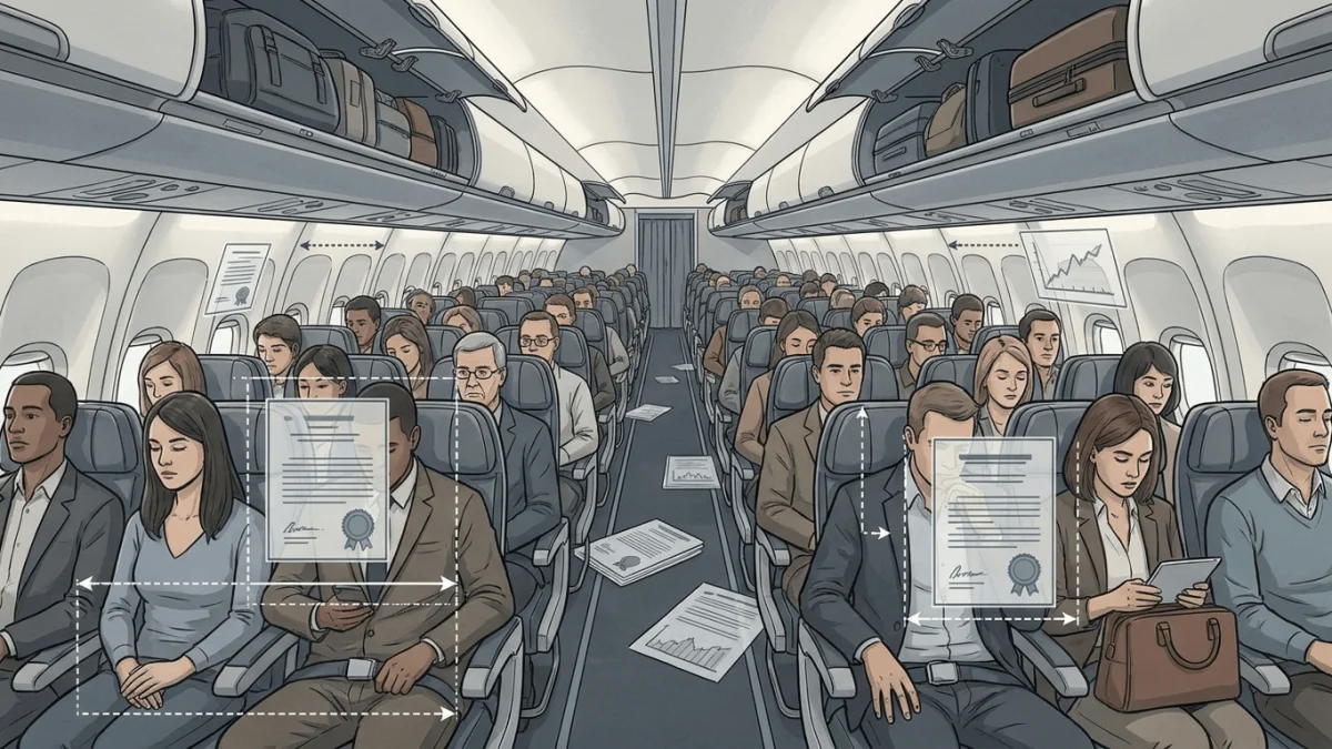 Illustration of passengers seated in a crowded airplane cabin with overlaid documents and measurement arrows, suggesting airline seat-size regulation.