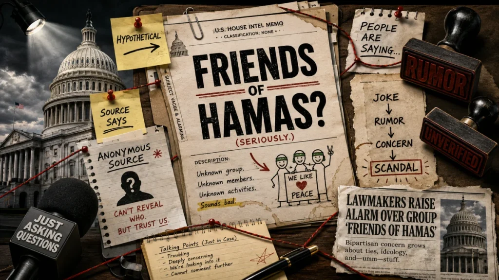 Editorial collage with a U.S. Capitol backdrop, memo pages, sticky notes, and stamps reading "Friends of Hamas," "Rumor," and "Unverified."