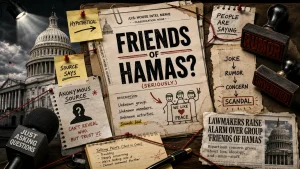 Editorial collage with a U.S. Capitol backdrop, memo pages, sticky notes, and stamps reading "Friends of Hamas," "Rumor," and "Unverified."