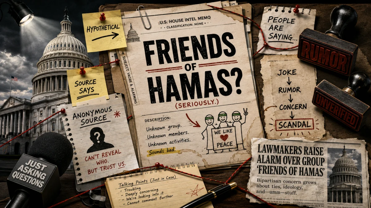 Editorial collage with a U.S. Capitol backdrop, memo pages, sticky notes, and stamps reading "Friends of Hamas," "Rumor," and "Unverified."
