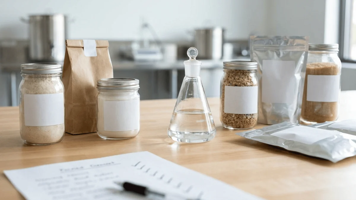 Assorted packaged food ingredients and a laboratory flask on a table in a kitchen or testing lab.