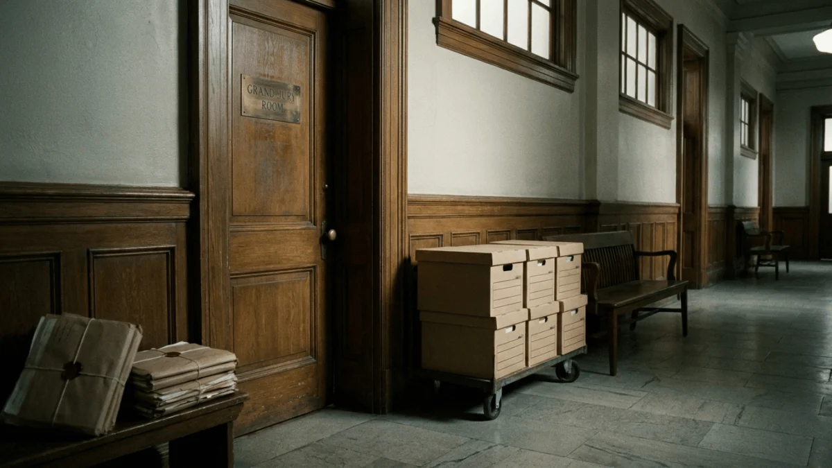 A courthouse hallway with a door marked Grand Jury Room and boxes of records stacked on a cart.