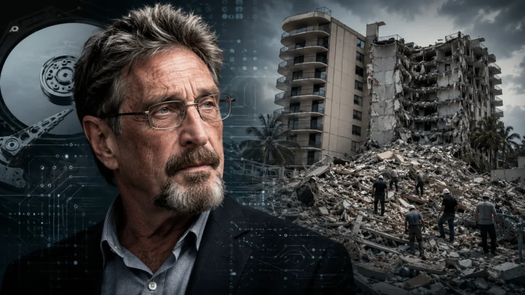 Portrait of a serious man in glasses overlaid with a digital circuit design, beside a collapsed building and rescue workers in rubble.