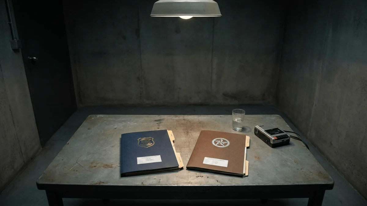 A dimly lit interrogation room with a metal table, two case files, a glass of water, and a tape recorder under a hanging lamp.