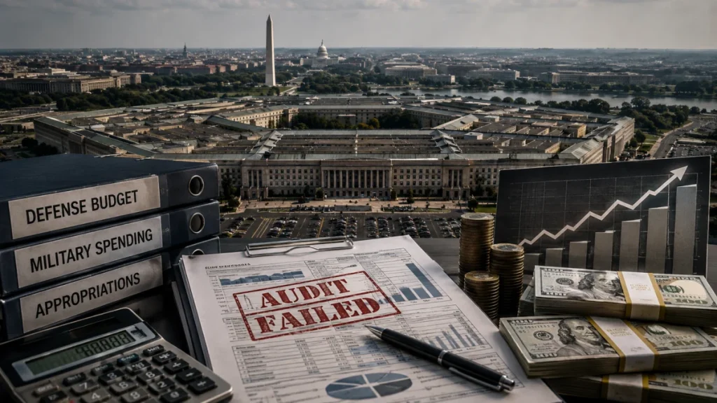 Stacks of binders, audit paperwork marked failed, cash, coins, and a rising chart in front of the Pentagon and Washington, D.C. skyline.
