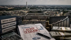 Stacks of binders, audit paperwork marked failed, cash, coins, and a rising chart in front of the Pentagon and Washington, D.C. skyline.