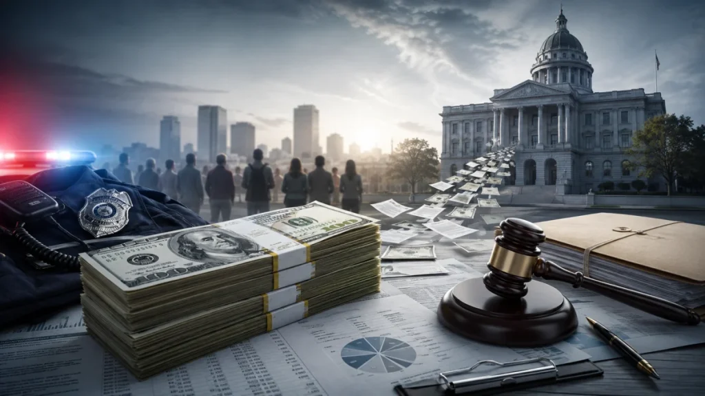 A stack of cash, police badge, gavel, and legal documents in front of a capitol building with people in the background.