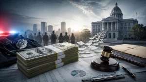 A stack of cash, police badge, gavel, and legal documents in front of a capitol building with people in the background.