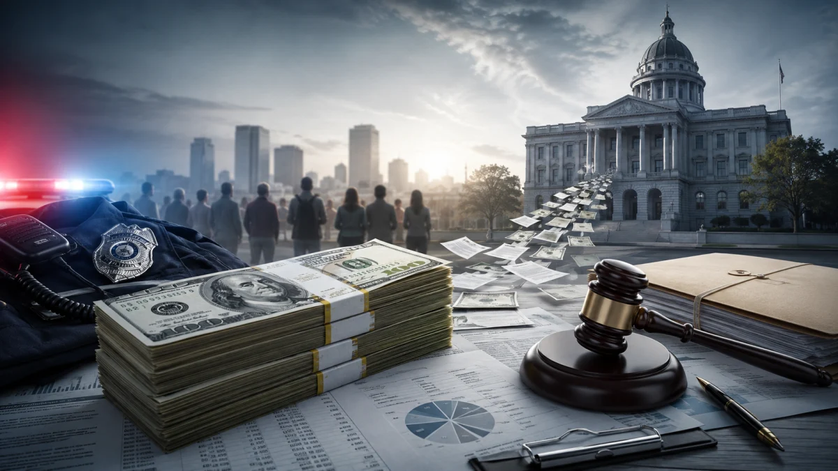 A stack of cash, police badge, gavel, and legal documents in front of a capitol building with people in the background.