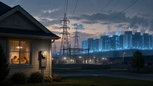 A family sits at a kitchen table in a lit house at dusk, with power lines, transmission towers, and a large illuminated power facility in the background.