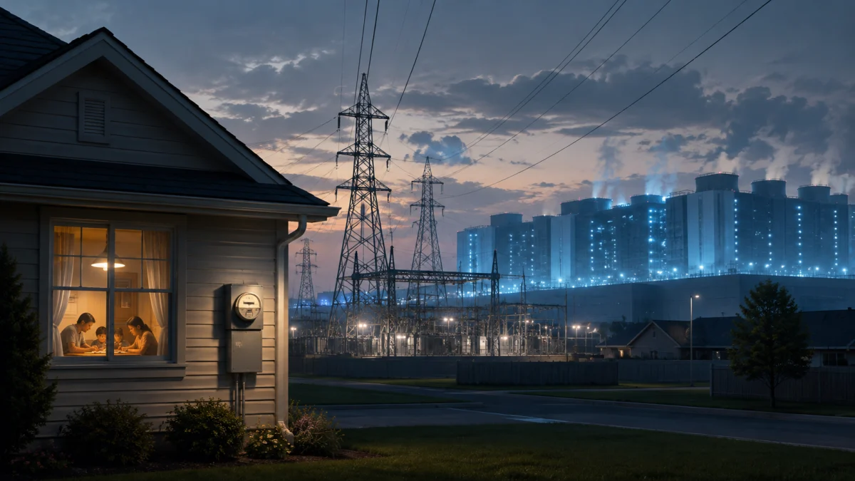A family sits at a kitchen table in a lit house at dusk, with power lines, transmission towers, and a large illuminated power facility in the background.
