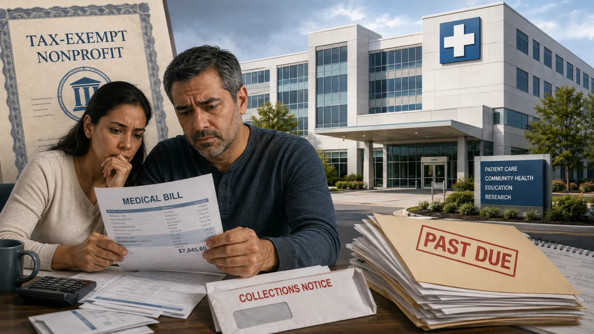 A worried couple reviews a medical bill and collections notice beside a stack of past-due papers, with a nonprofit hospital in the background.