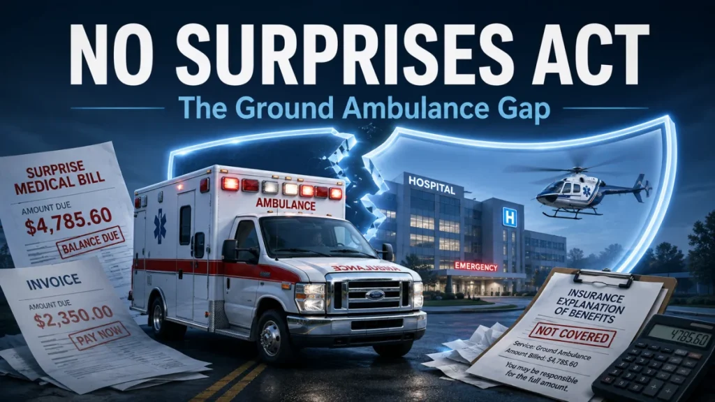 An ambulance in front of a hospital with bills, an insurance denial form, and the headline 'No Surprises Act: The Ground Ambulance Gap.'