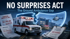 An ambulance in front of a hospital with bills, an insurance denial form, and the headline 'No Surprises Act: The Ground Ambulance Gap.'