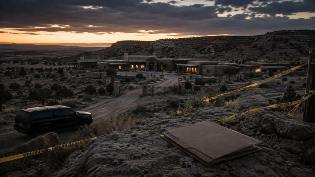 A desert compound at dusk is cordoned off with yellow crime scene tape, with a black SUV nearby and a folder on a rock in the foreground.