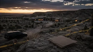 A desert compound at dusk is cordoned off with yellow crime scene tape, with a black SUV nearby and a folder on a rock in the foreground.