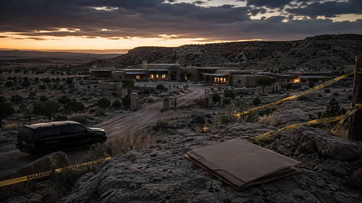 A desert compound at dusk is cordoned off with yellow crime scene tape, with a black SUV nearby and a folder on a rock in the foreground.