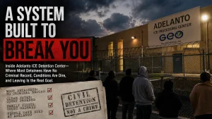 Protest graphic over a photo of the Adelanto ICE Processing Center at dusk, with people standing behind a barbed-wire fence and bold text criticizing the detention system.