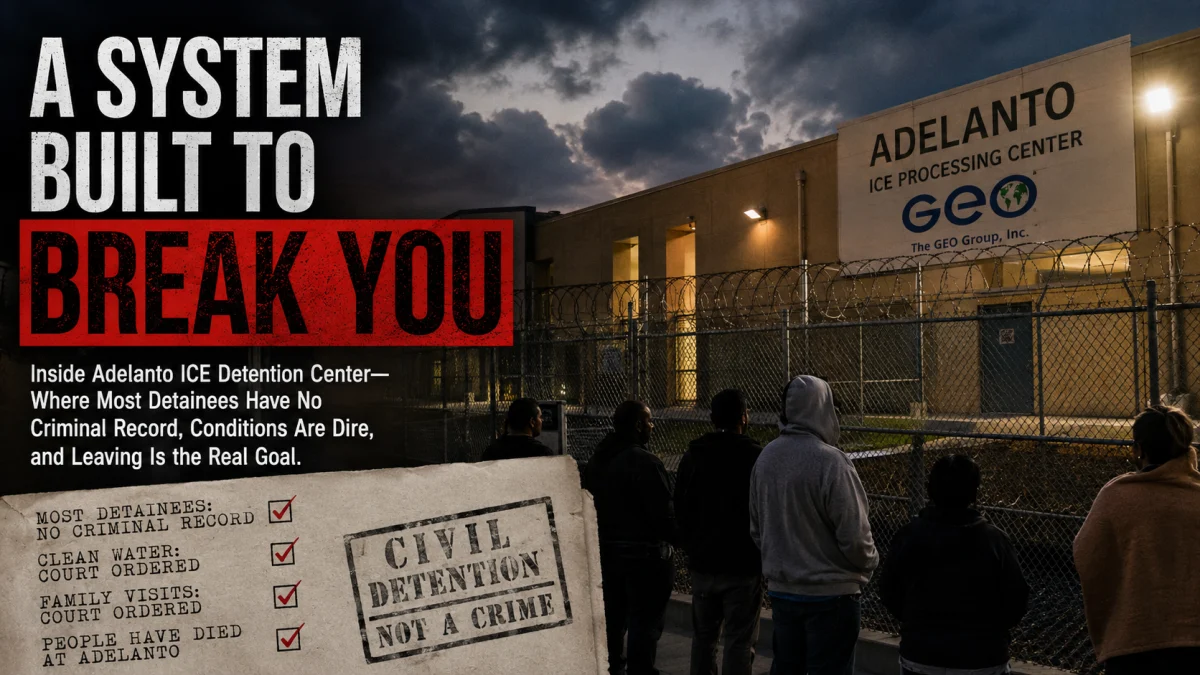 Protest graphic over a photo of the Adelanto ICE Processing Center at dusk, with people standing behind a barbed-wire fence and bold text criticizing the detention system.