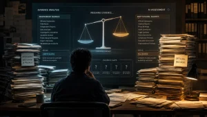 Person viewing an evidence analysis dashboard with stacks of documents on both sides and scales comparing independent and institutional sources.