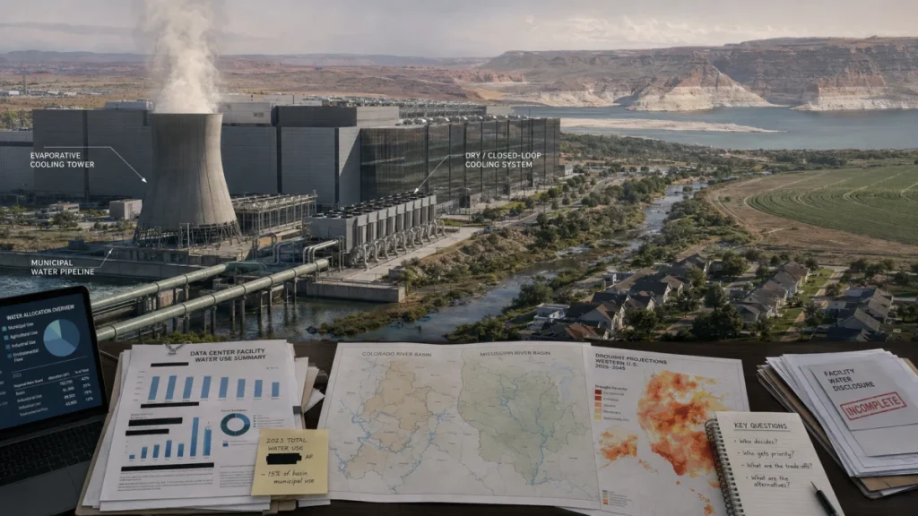 Illustration of a large data center with cooling towers, pipelines, water-use charts, basin maps, and drought projections spread across a desk.