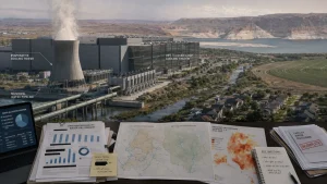 Illustration of a large data center with cooling towers, pipelines, water-use charts, basin maps, and drought projections spread across a desk.