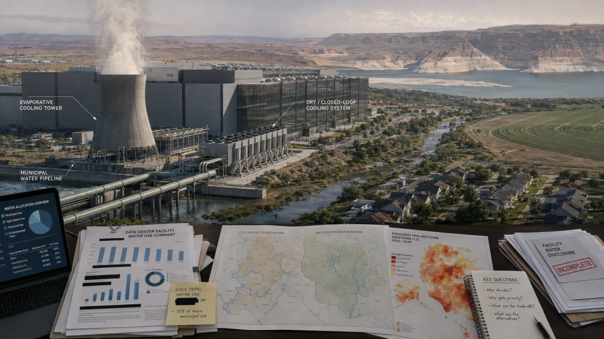 Illustration of a large data center with cooling towers, pipelines, water-use charts, basin maps, and drought projections spread across a desk.