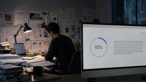 A person working late at a desk with papers, books, a laptop, and a wall covered in notes, while a monitor in the foreground shows an 18% progress chart.