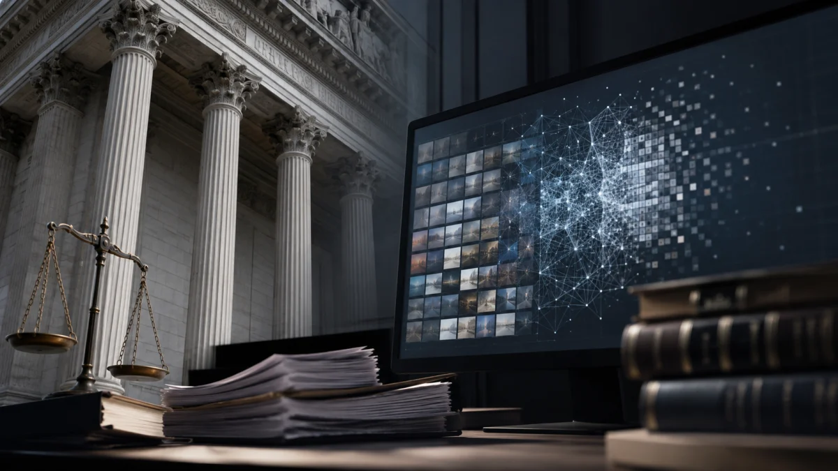 A courtroom scene with law books, a scale of justice, and a computer screen displaying abstract AI-generated imagery.