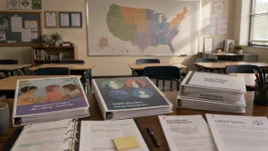 A classroom desk with binders labeled curriculum, health education, policy guidance, statutes, and judicial opinions in front of an American map.