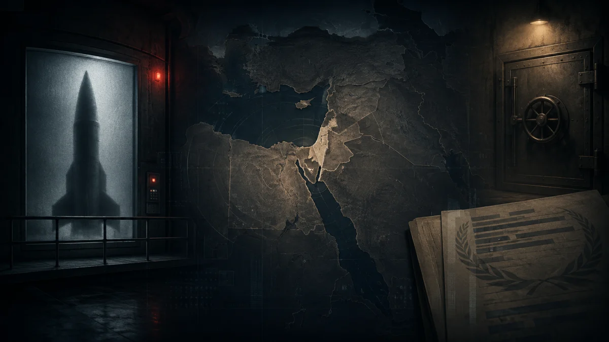 A missile silhouette behind a frosted glass door in a dark underground bunker, with a map of the Middle East and a vault door in the background.
