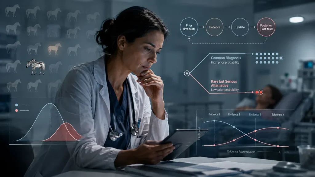 Doctor reviewing clinical information beside a Bayesian diagnostic diagram showing evidence updating common and rare-disease possibilities