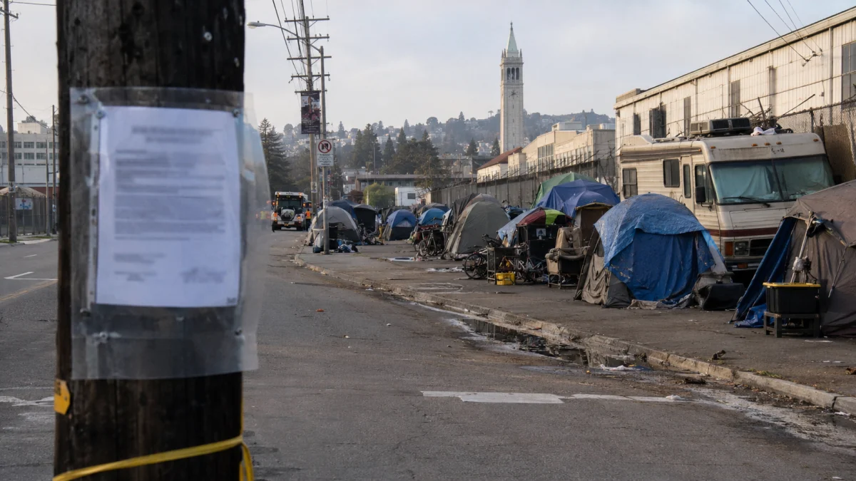 Tents and makeshift shelters line a Berkeley street beside parked RVs and a utility pole in the foreground.