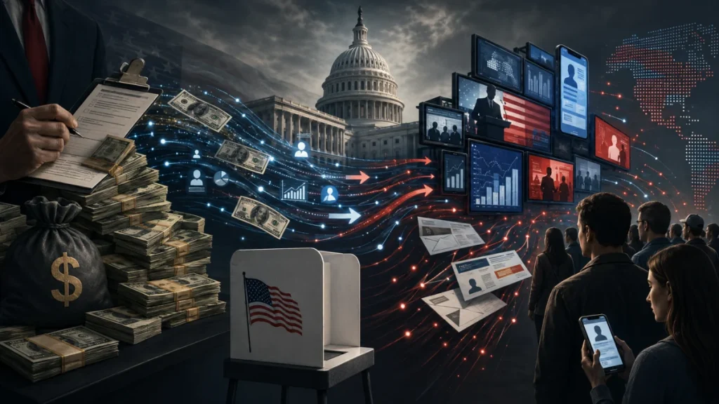 Illustration of cash, campaign paperwork, the U.S. Capitol, voting booth, and digital media panels showing how big money may influence election choices.