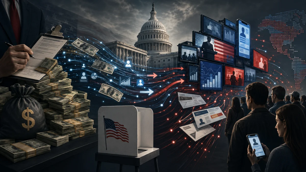 Illustration of cash, campaign paperwork, the U.S. Capitol, voting booth, and digital media panels showing how big money may influence election choices.