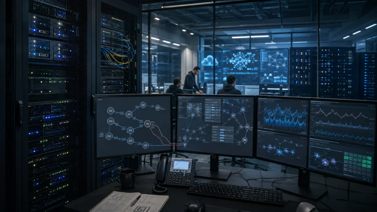 A modern data center control room with multiple monitors showing network graphs and analytics beside server racks.